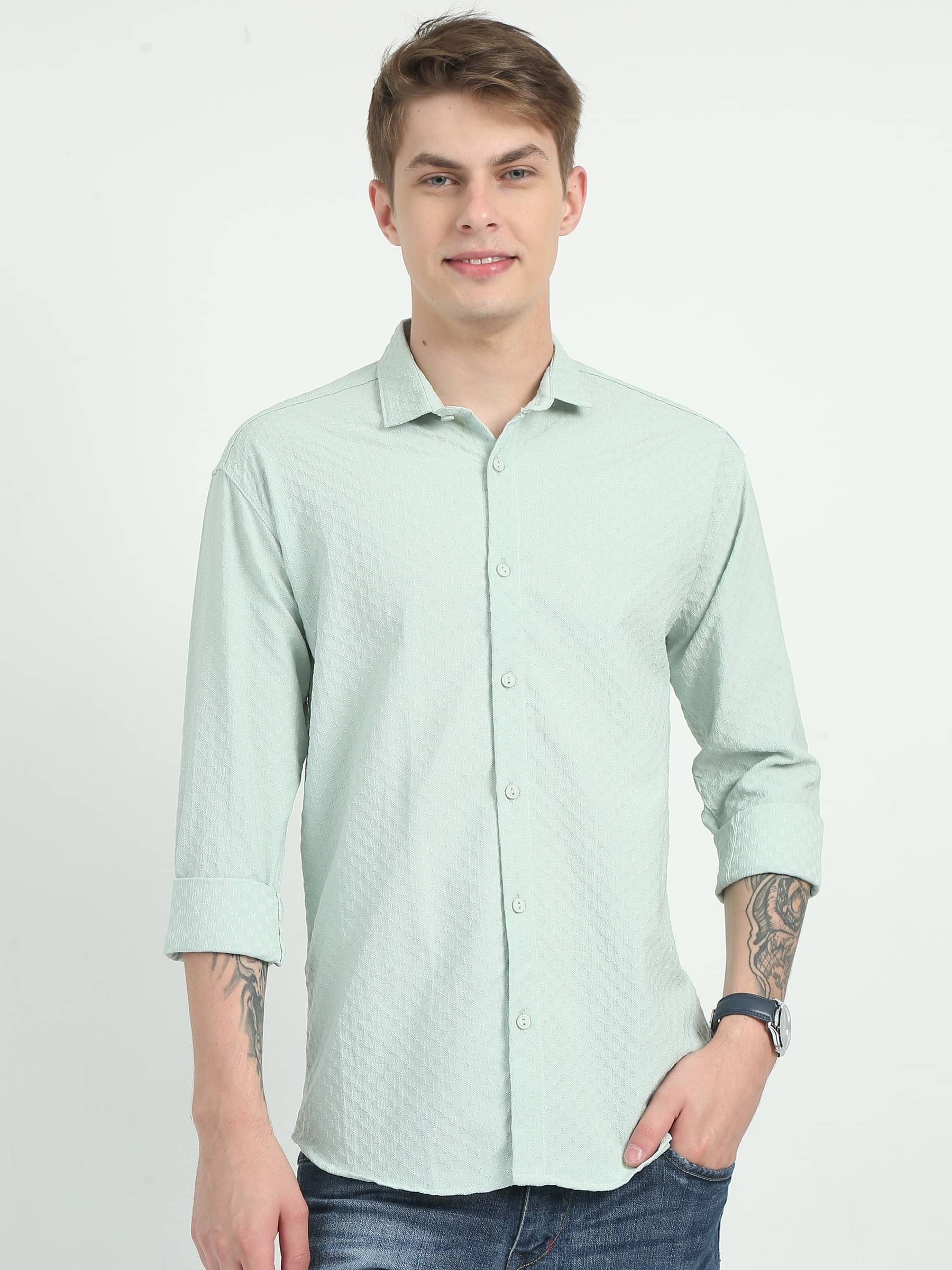     			HETIERS Cotton Blend Regular Fit Self Design Full Sleeves Men's Casual Shirt - Lime Green ( Pack of 1 )