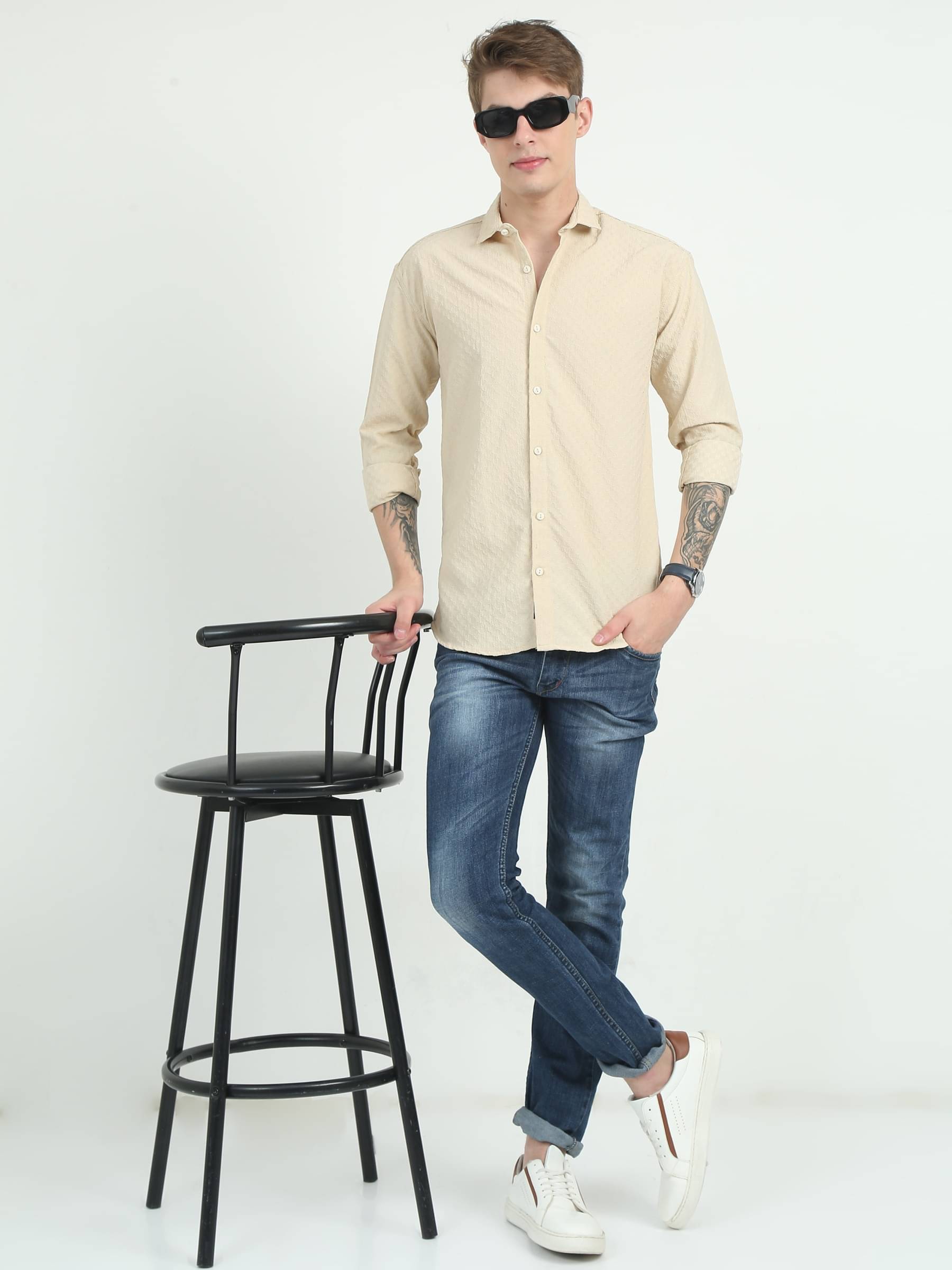     			HETIERS Cotton Blend Regular Fit Self Design Full Sleeves Men's Casual Shirt - Beige ( Pack of 1 )