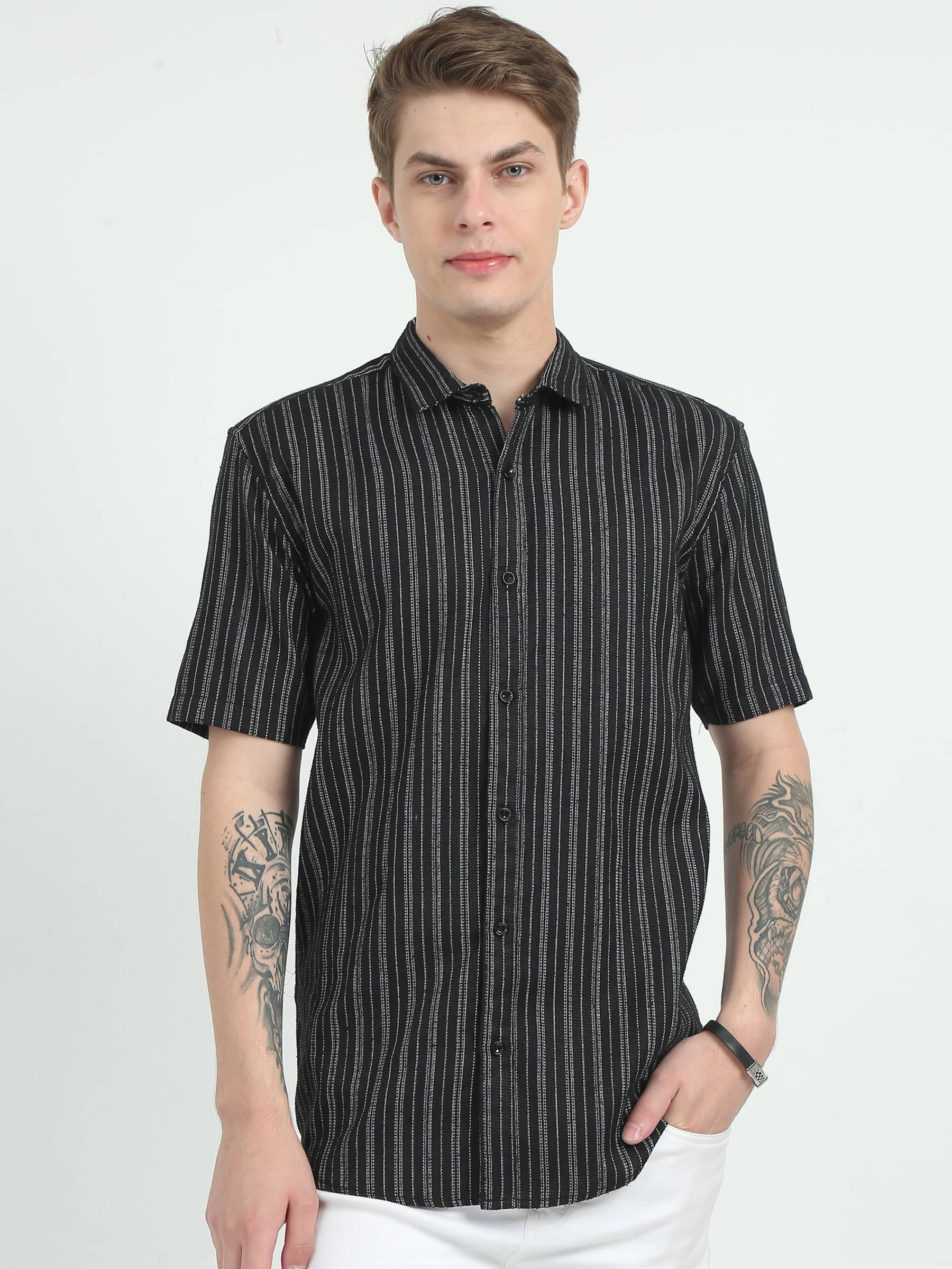 HETIERS Cotton Blend Slim Fit Striped Half Sleeves Men's Casual Shirt - White ( Pack of 1 )     			HETIERS Cotton Blend Slim Fit Striped Half Sleeves Men's Casual Shirt - White ( Pack of 1 )