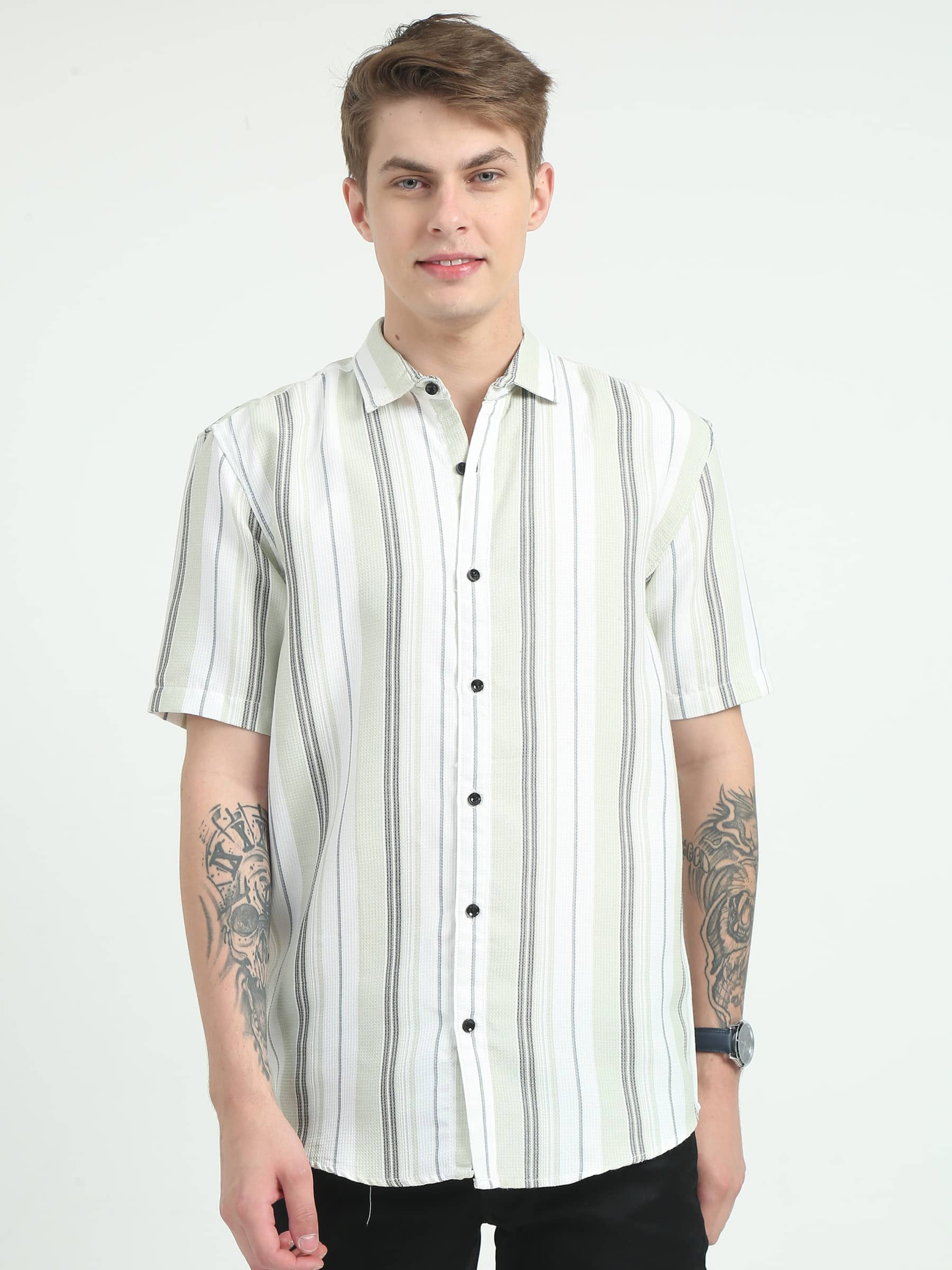 HETIERS Cotton Blend Slim Fit Striped Half Sleeves Men's Casual Shirt - White ( Pack of 1 )
