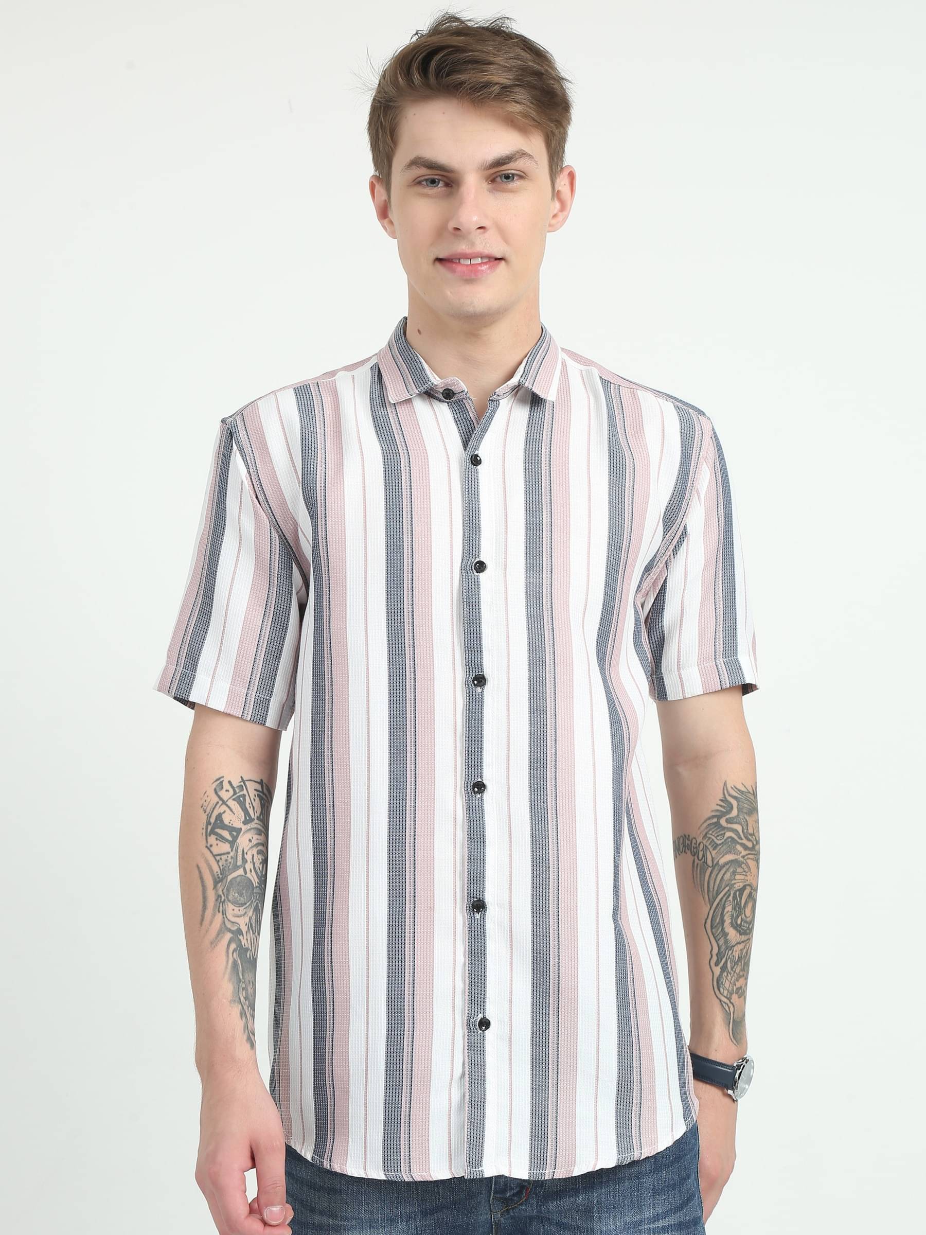 HETIERS Cotton Blend Slim Fit Striped Half Sleeves Men's Casual Shirt - Peach ( Pack of 1 )     			HETIERS Cotton Blend Slim Fit Striped Half Sleeves Men's Casual Shirt - Peach ( Pack of 1 )