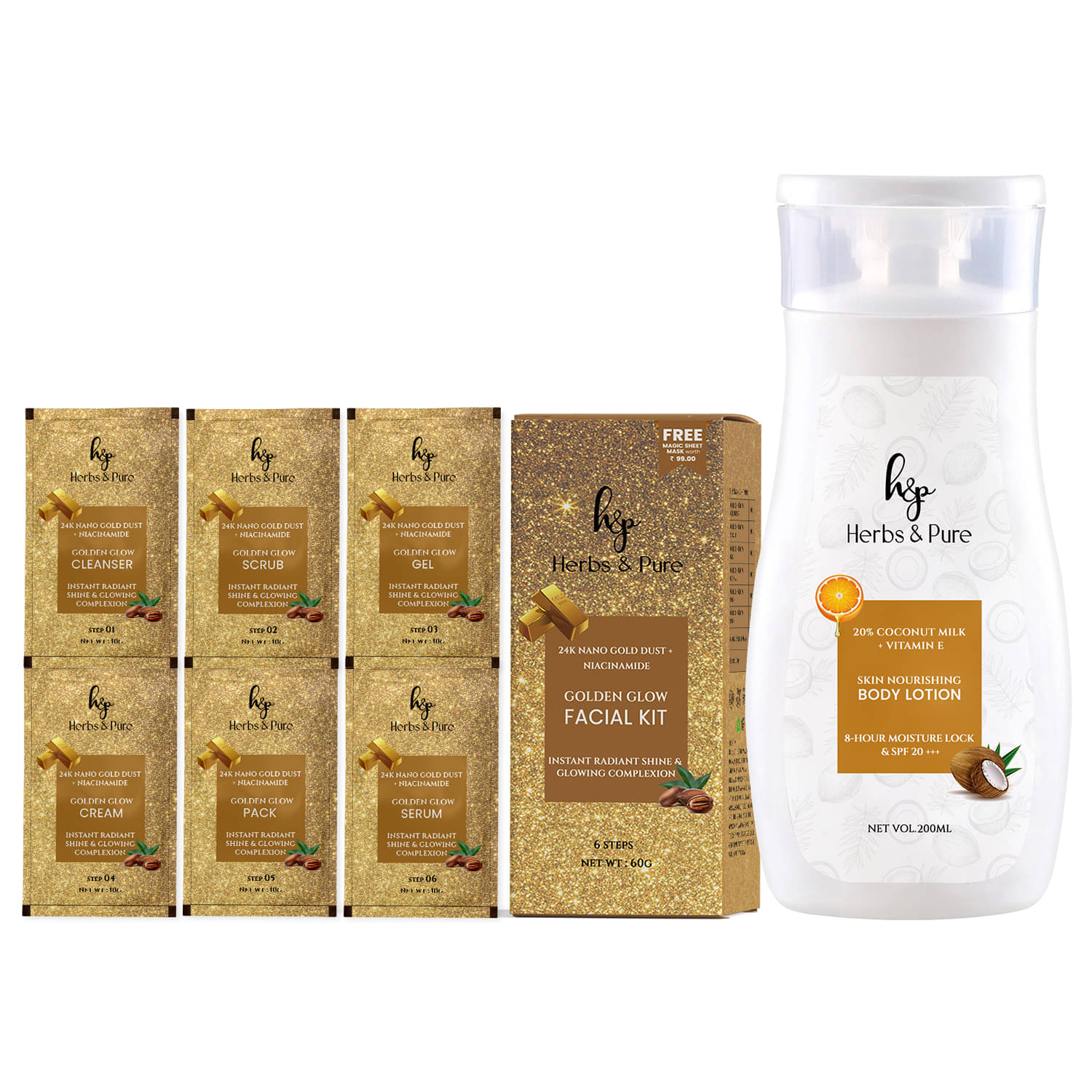     			Herbs and Pure Daily Skincare Combo - Golden Glow Facial Kit and Coconut Body Lotion (260 g)
