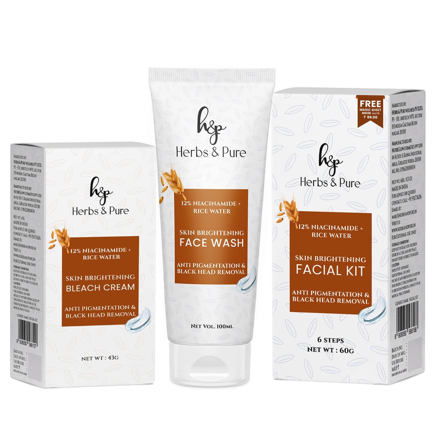 Herbs and Pure Skincare Combo - Skin Brightening Rice Water Facial Kit, Face Wash & Bleach (203g) Herbs and Pure Skincare Combo - Skin Brightening Rice Water Facial Kit, Face Wash & Bleach (203g)