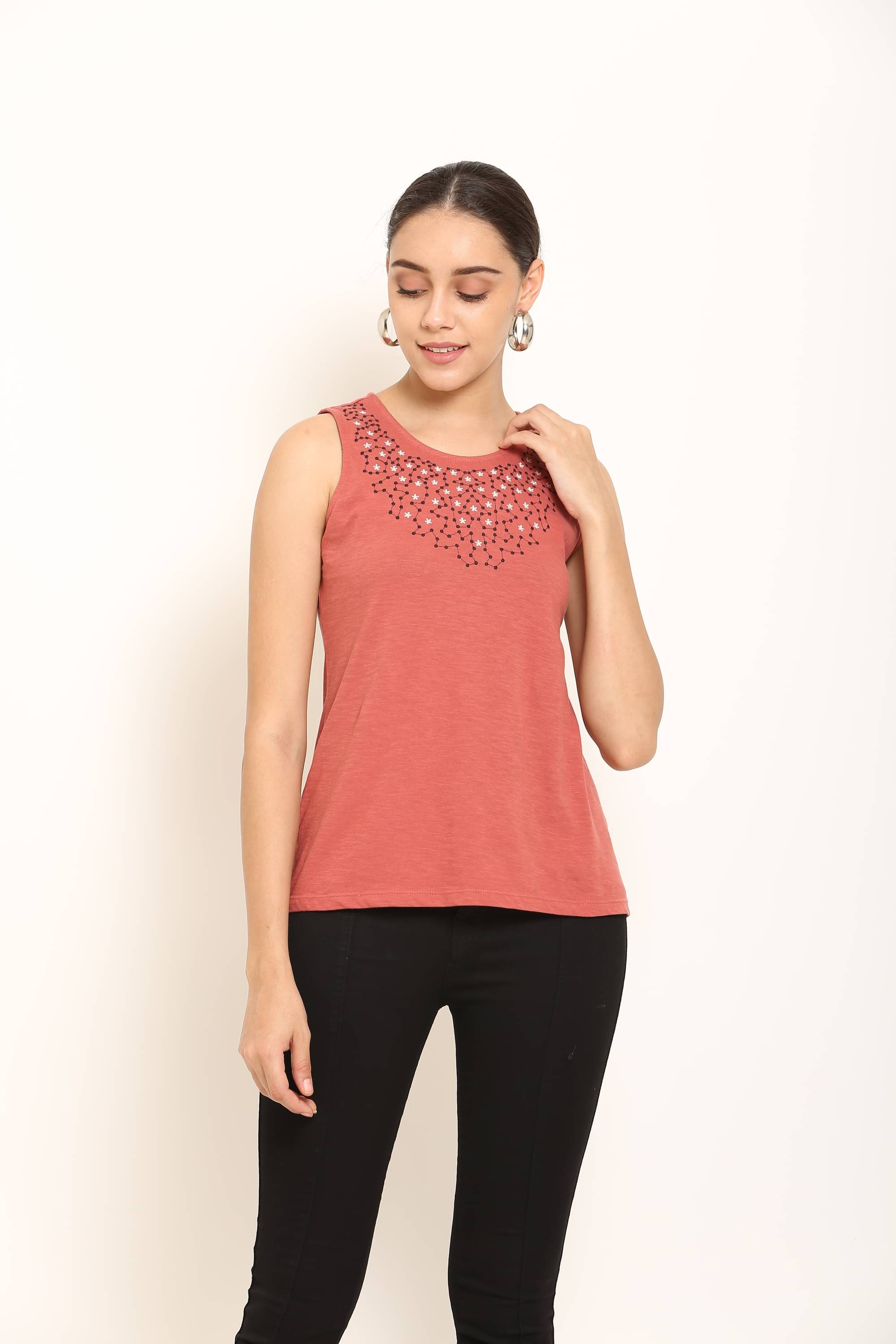 Mishey Women Cotton Embroidered Regular Fit Round Neck T-Shirt ( Coral ) Mishey Women Cotton Embroidered Regular Fit Round Neck T-Shirt ( Coral )