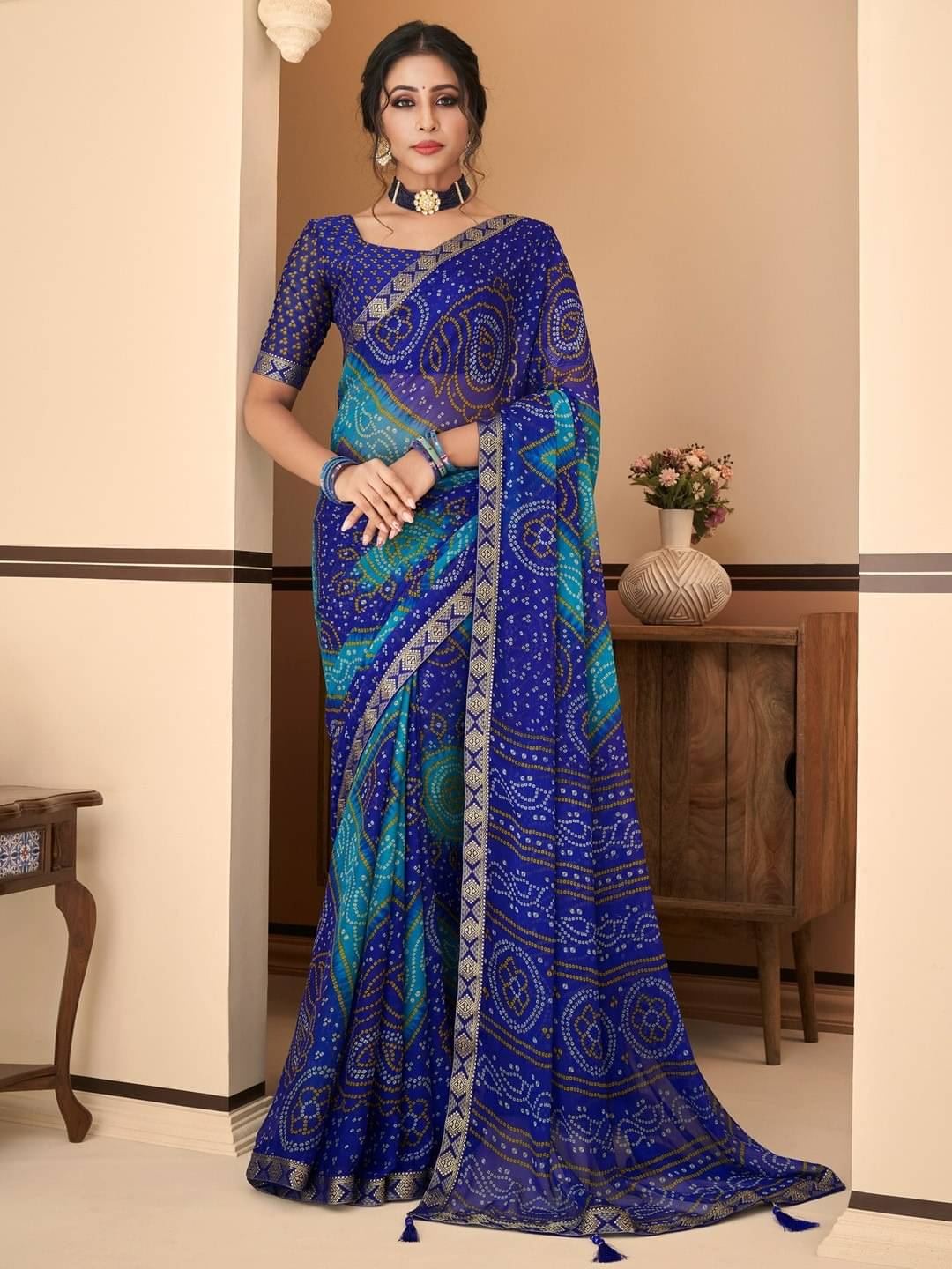    			Nandini Creation Chiffon Printed Saree With Unstitched Blouse Piece ( Blue )
