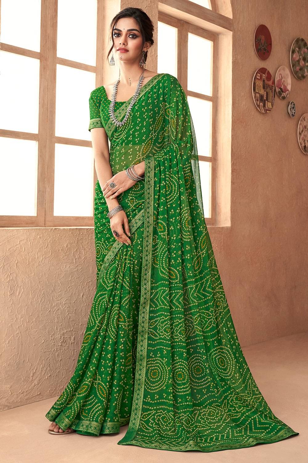Nandini Creation Chiffon Printed Saree With Unstitched Blouse Piece ( Green ) Nandini Creation Chiffon Printed Saree With Unstitched Blouse Piece ( Green )