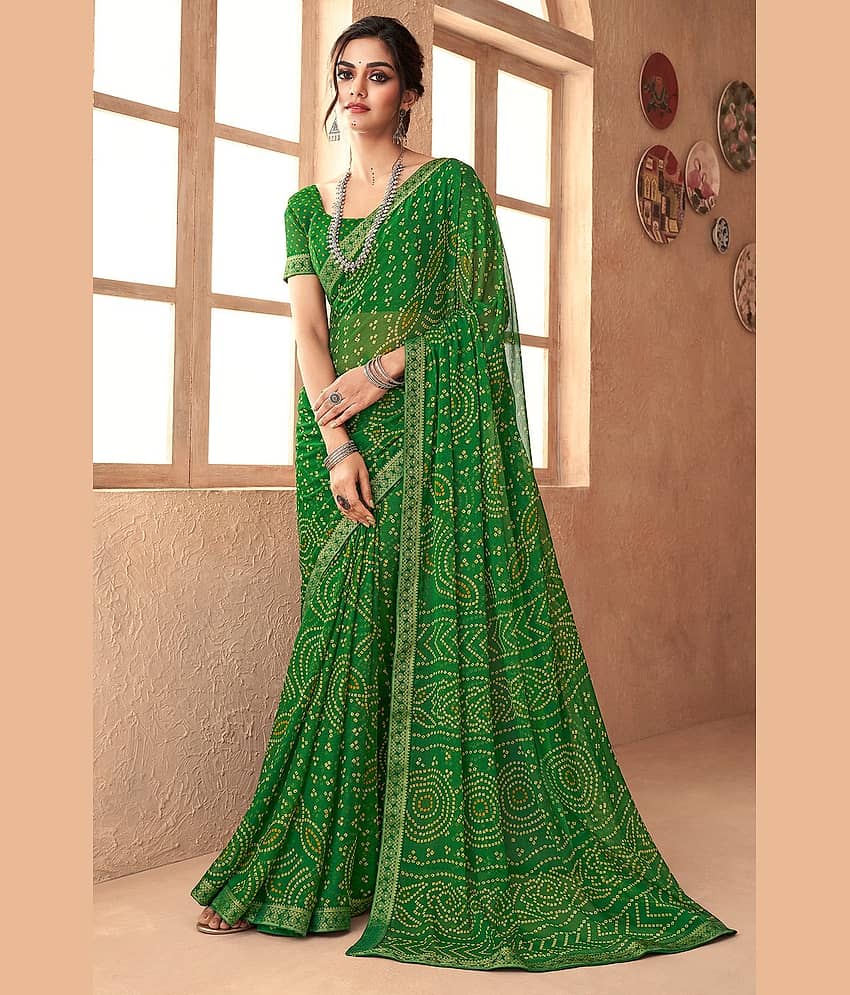 Nandini Creation Chiffon Printed Saree With Unstitched Blouse Piece ( Green ) - Sarees | Buy online on ZillyBuy