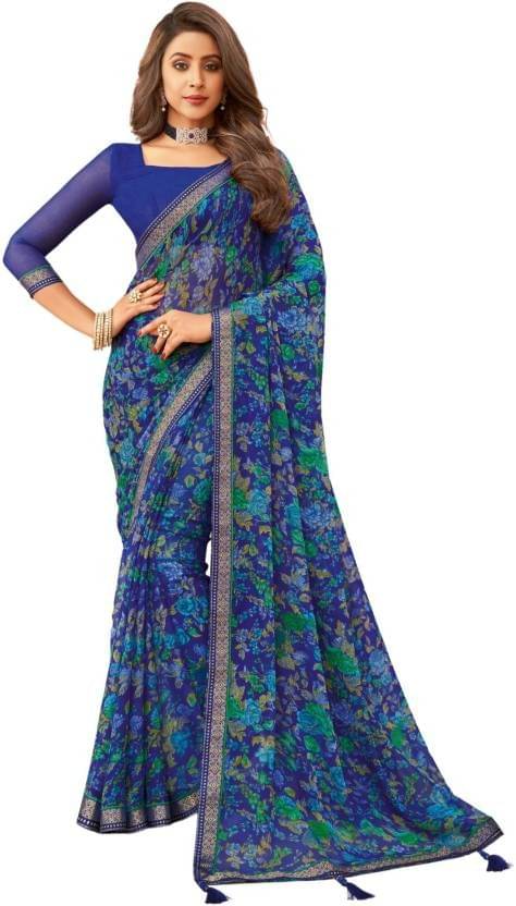     			Nandini Creation Chiffon Printed Saree With Unstitched Blouse Piece ( Blue )