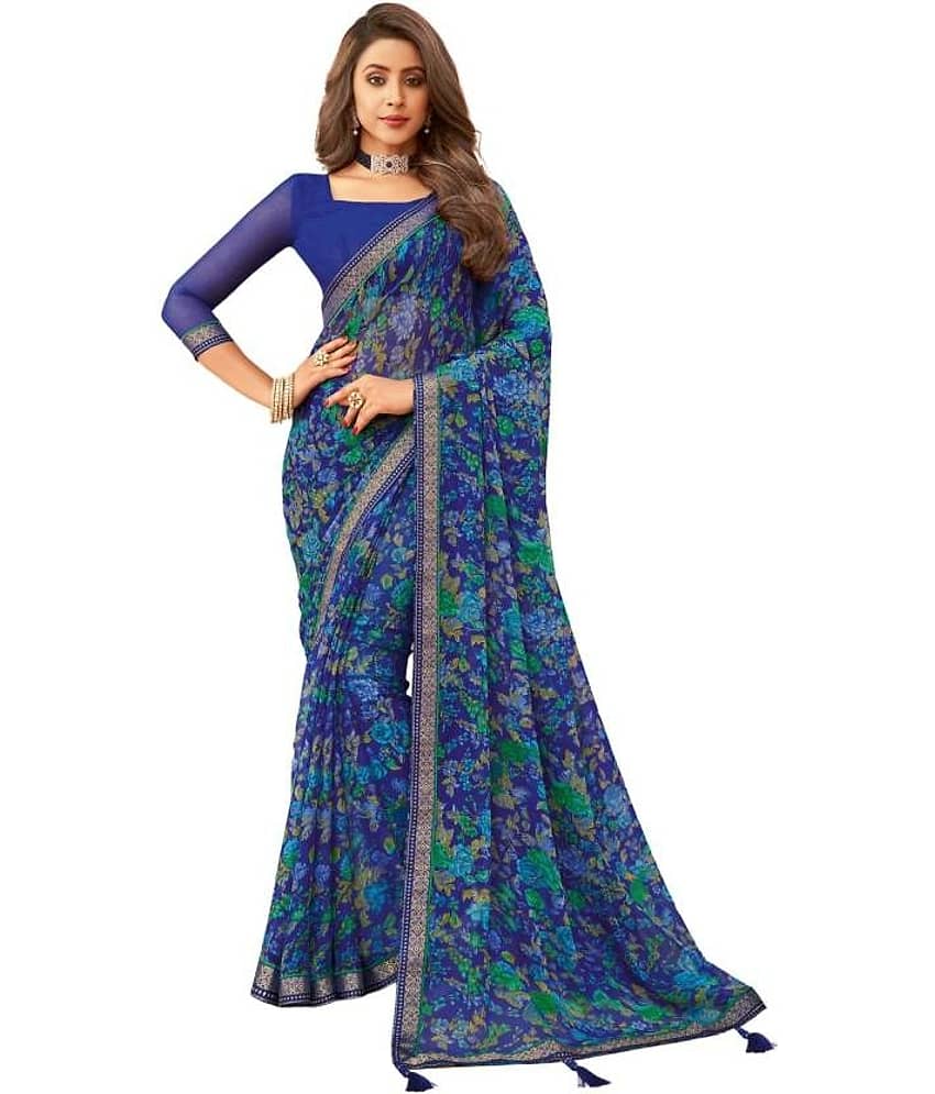 Nandini Creation Chiffon Printed Saree With Unstitched Blouse Piece ( Blue ) - Sarees | Buy online on ZillyBuy