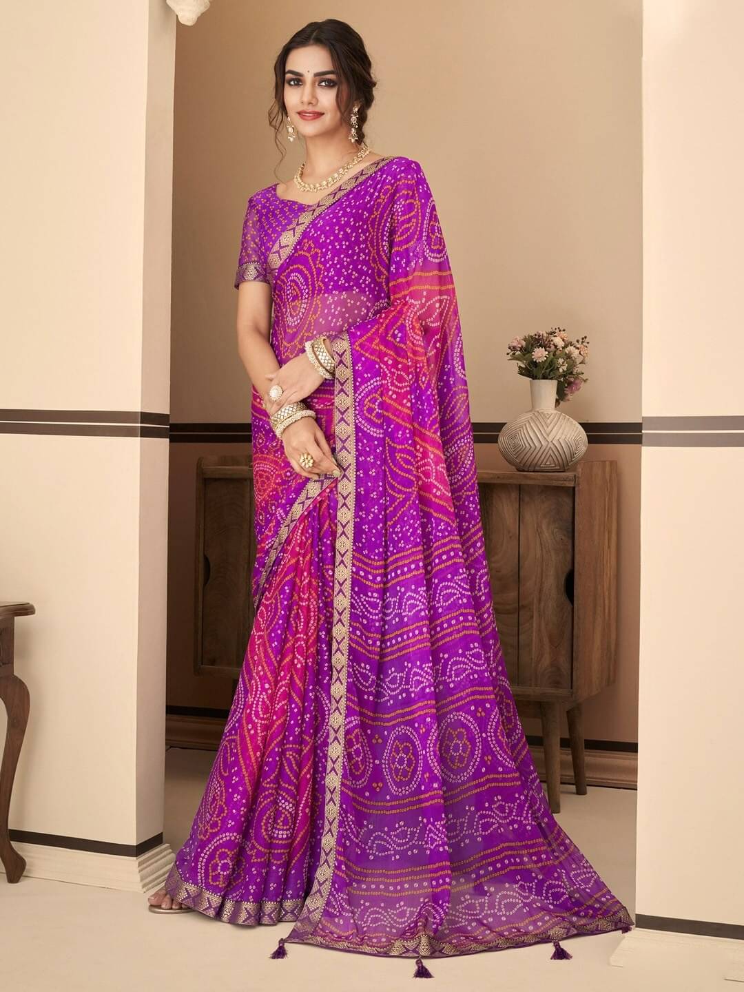     			Nandini Creation Chiffon Printed Saree With Unstitched Blouse Piece ( Purple )