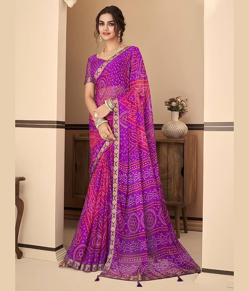 Nandini Creation Chiffon Printed Saree With Unstitched Blouse Piece ( Purple ) - Sarees | Buy online on ZillyBuy