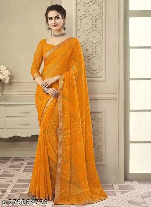     			Nandini Creation Chiffon Printed Saree With Unstitched Blouse Piece ( Yellow )