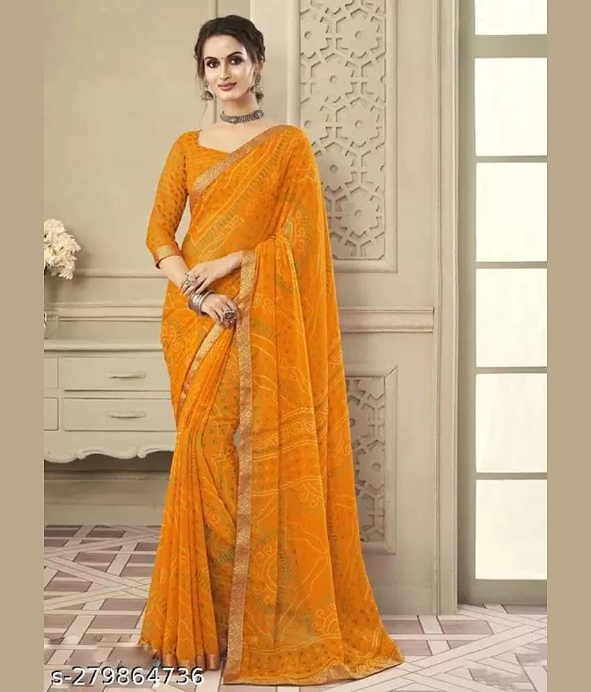 Nandini Creation Chiffon Printed Saree With Unstitched Blouse Piece ( Yellow ) - Sarees | Buy online on ZillyBuy