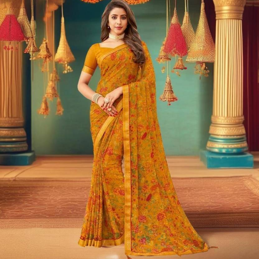 Nandini Creation Chiffon Printed Saree With Unstitched Blouse Piece ( Mustard ) Nandini Creation Chiffon Printed Saree With Unstitched Blouse Piece ( Mustard )