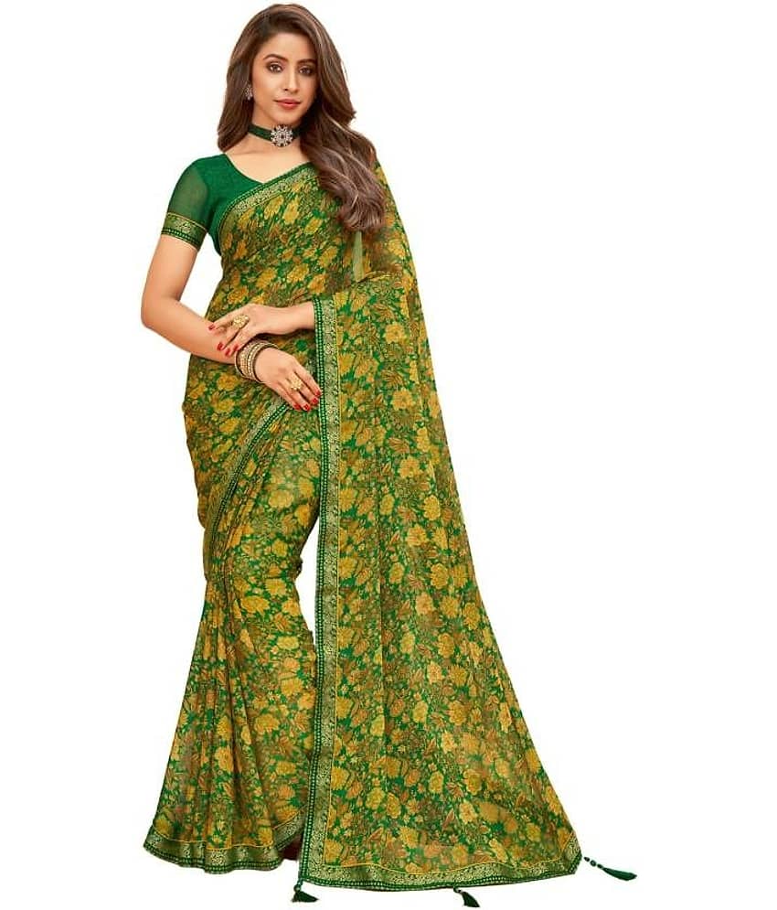 Nandini Creation Chiffon Printed Saree With Unstitched Blouse Piece ( Green ) - Sarees | Buy online on ZillyBuy