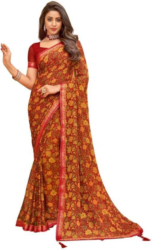 Nandini Creation Chiffon Printed Saree With Unstitched Blouse Piece ( Maroon ) Nandini Creation Chiffon Printed Saree With Unstitched Blouse Piece ( Maroon )