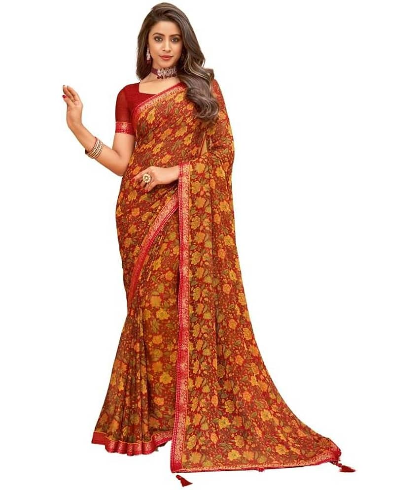 Nandini Creation Chiffon Printed Saree With Unstitched Blouse Piece ( Maroon ) - Sarees | Buy online on ZillyBuy