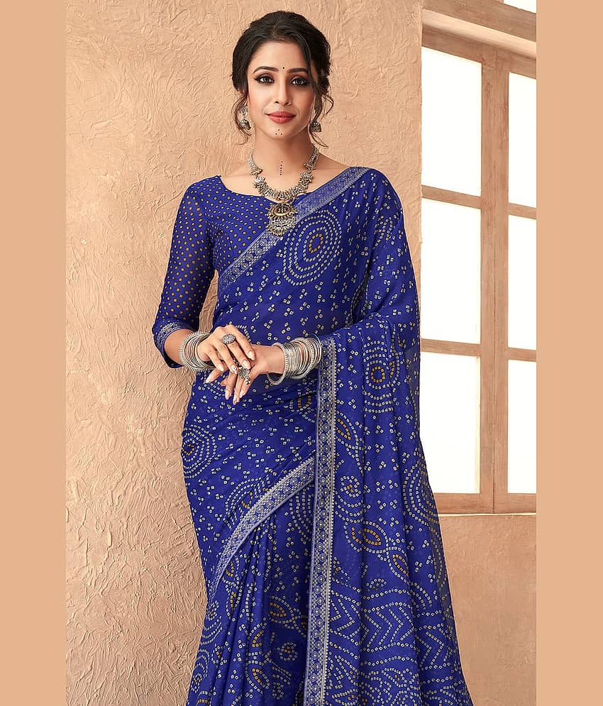 Nandini Creation Chiffon Printed Saree With Unstitched Blouse Piece ( Blue ) - Sarees | Buy online on ZillyBuy