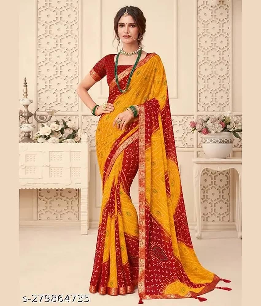Nandini Creation Chiffon Printed Saree With Unstitched Blouse Piece ( Yellow ) - Sarees | Buy online on ZillyBuy