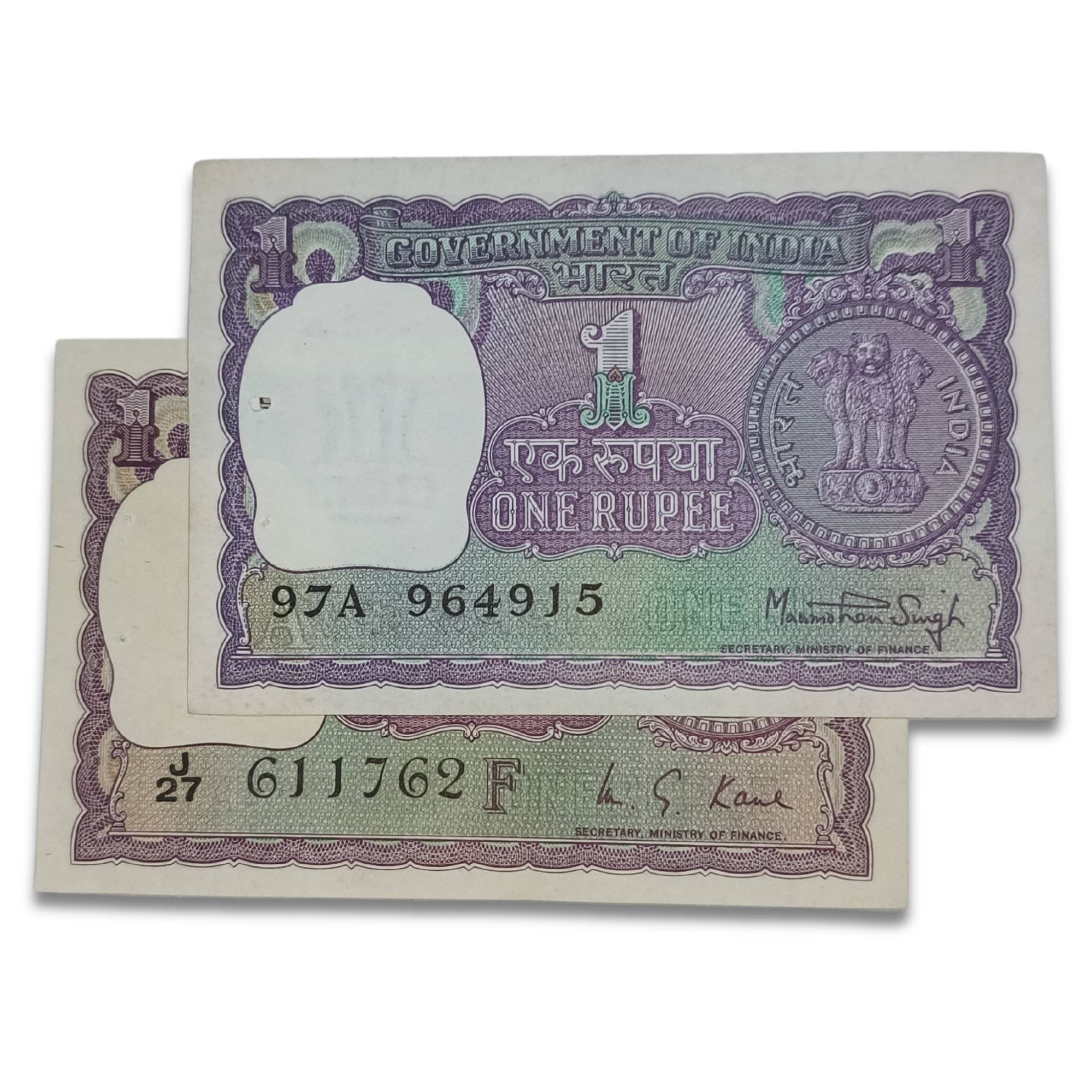     			NOTAPHILY Rare Authentic Vintage Set of 1 Rupee Two Different Signatures of Manmohan Singh & K G Kaul (2 Pieces SET), Uncirculated Condition.