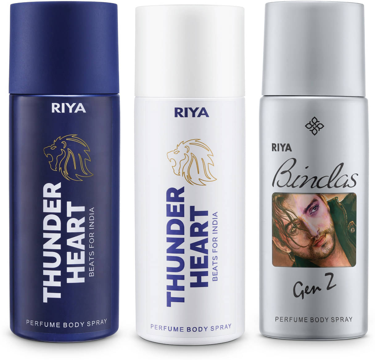     			Riya Thunder Heart Blue And Bindas Grey Body Spray Deodorant, For Men, Pack Of 3, 150 ml Each
