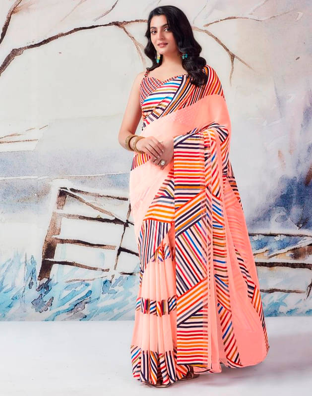     			Sanjana Silk Georgette Printed Saree With Unstitched Blouse Piece ( Peach )