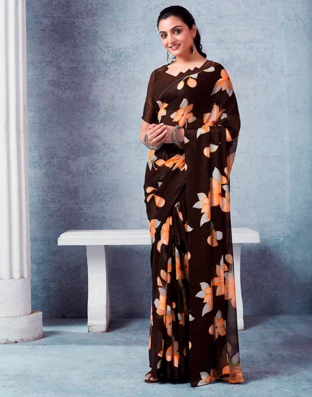 Sanwariya Silk Georgette Printed Saree With Unstitched Blouse Piece ( Coffee ) Sanwariya Silk Georgette Printed Saree With Unstitched Blouse Piece ( Coffee )