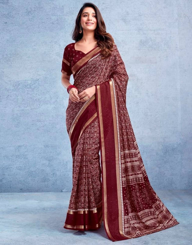 Sanwariya Silk Silk Blend Printed Saree With Unstitched Blouse Piece ( Maroon ) Sanwariya Silk Silk Blend Printed Saree With Unstitched Blouse Piece ( Maroon )