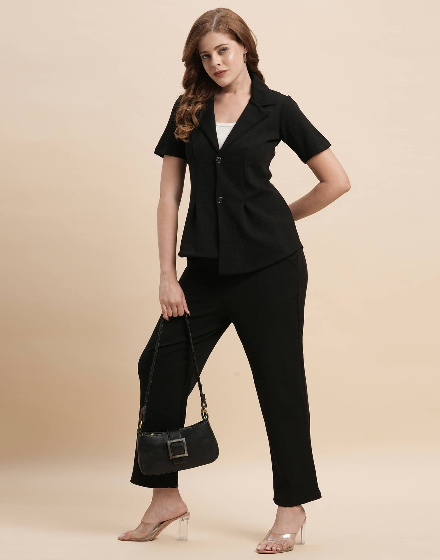     			Selvia Women Solid Coat With Trousers Co-Ord Set ( Black )