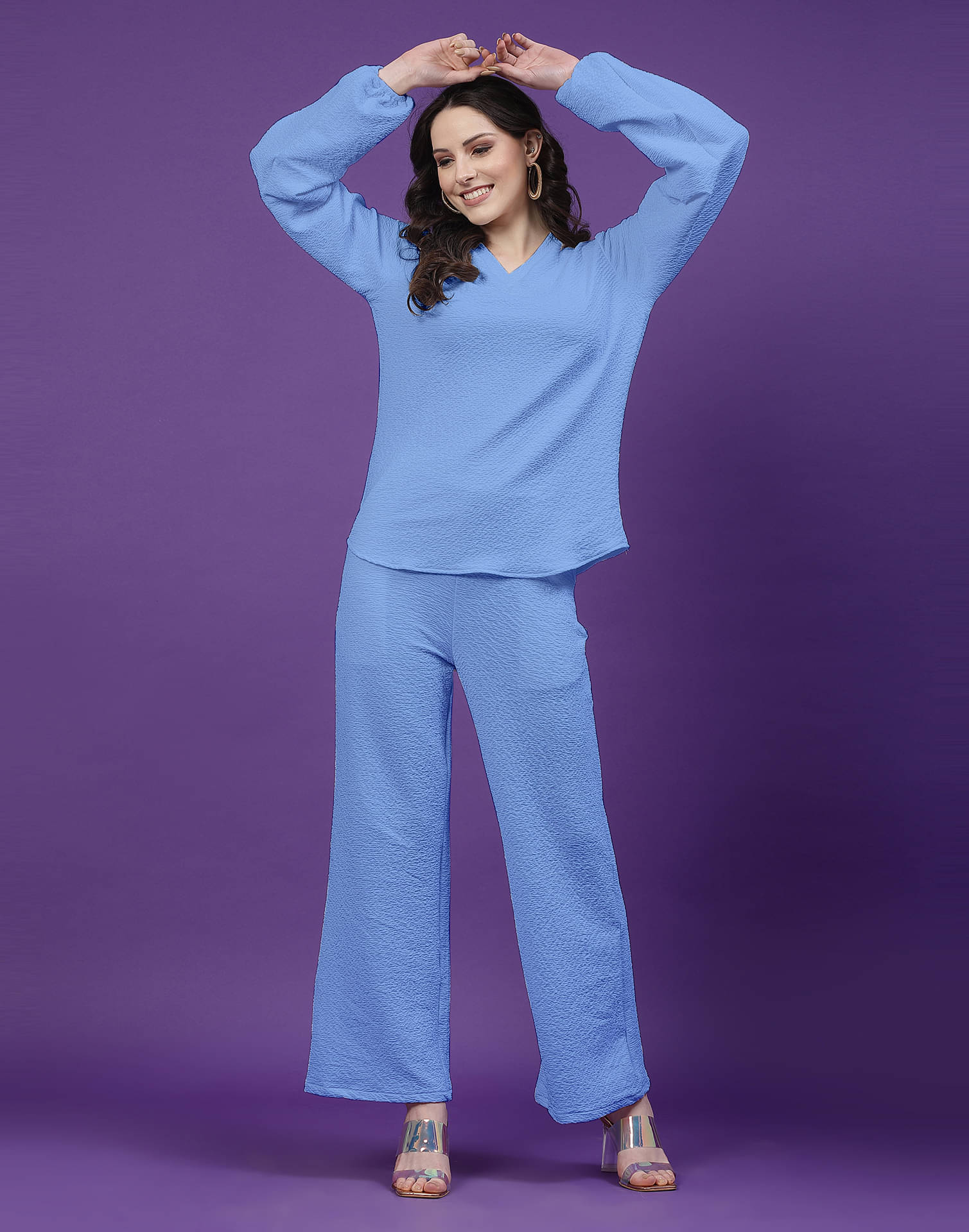     			Selvia Women Solid Top With Trousers Co-Ord Set ( Light Blue )