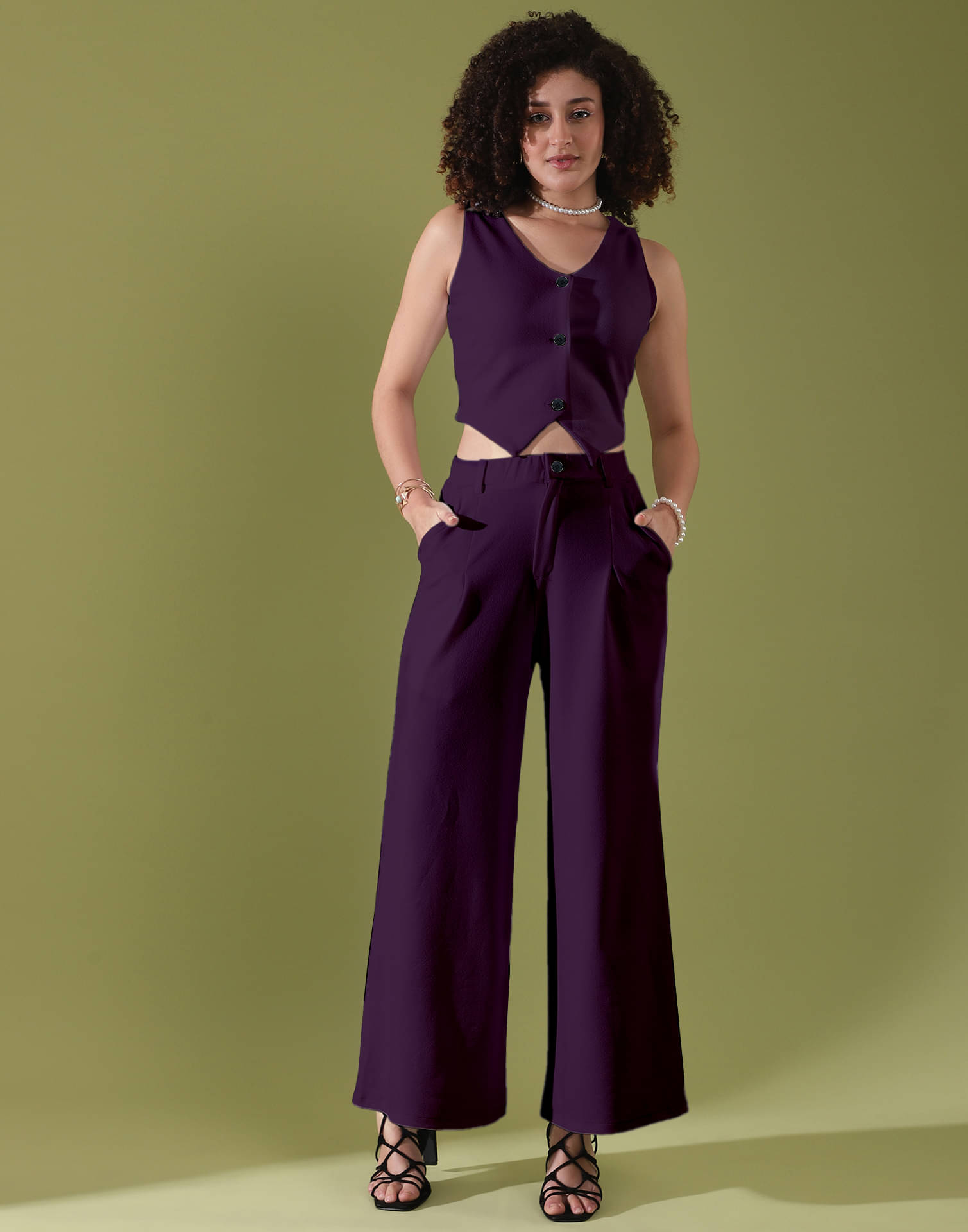     			Selvia Women Solid Top With Trousers Co-Ord Set ( Purple )