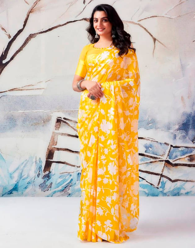     			Sitanjali Georgette Printed Saree With Unstitched Blouse Piece ( Yellow )