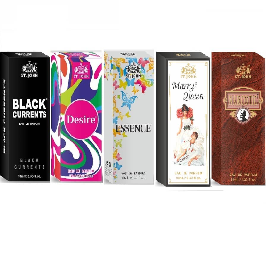 ST.JOHN Cobra BlackCurrent,Desire, Esence Narcotic& MQ Pocket Perfume for Men 10 ml ( Pack of 5 )