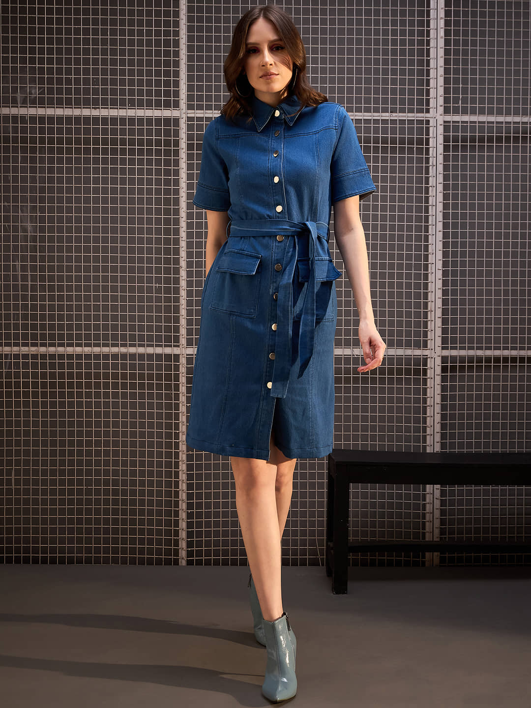 StyleStone Women Denim Solid Shirt Dress ( Blue )