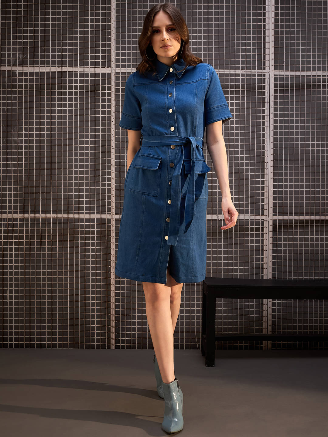 StyleStone Women Denim Solid Shirt Dress ( Blue ) StyleStone Women Denim Solid Shirt Dress ( Blue )