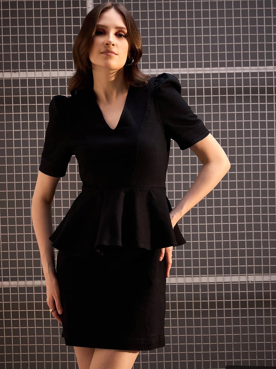     			StyleStone Women Denim Solid Peplum Dress ( Black )