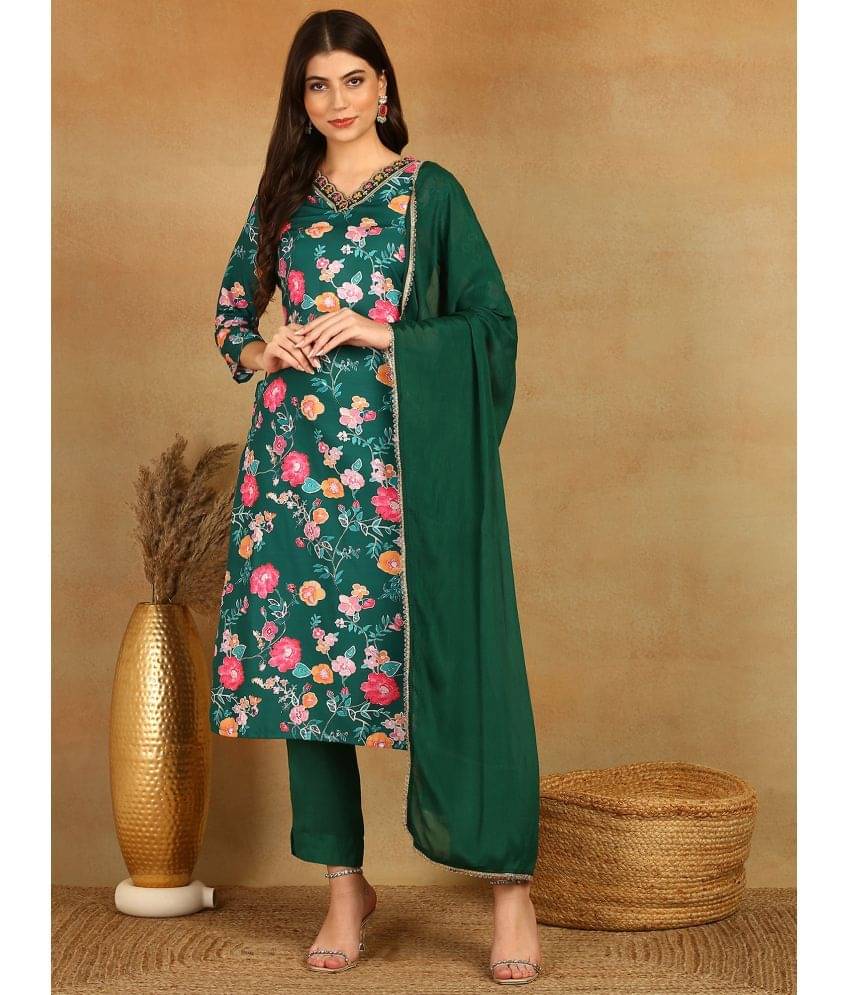     			Vaamsi Cotton Blend Printed Kurti With Pants Women's Stitched Salwar Suit - Green ( Pack of 1 )