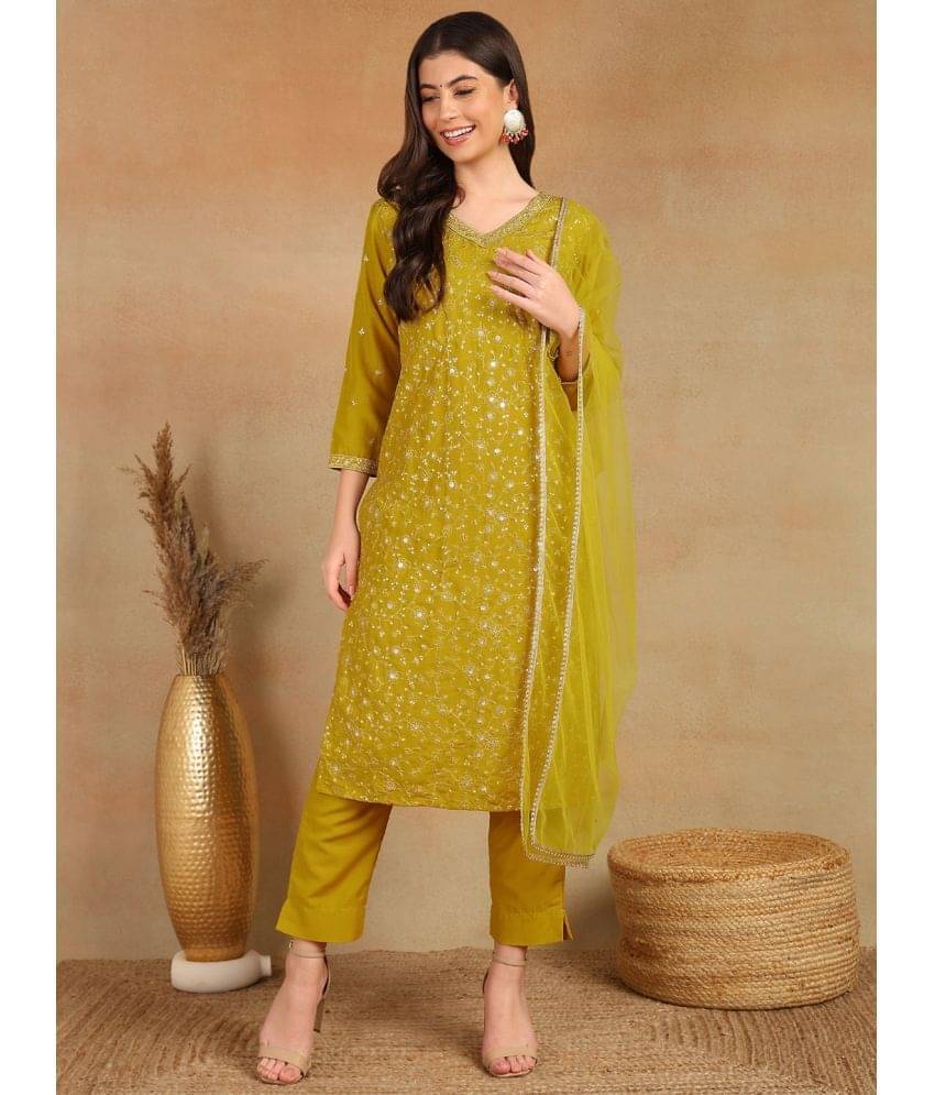     			Vaamsi Silk Blend Embellished Kurti With Pants Women's Stitched Salwar Suit - Mustard ( Pack of 1 )