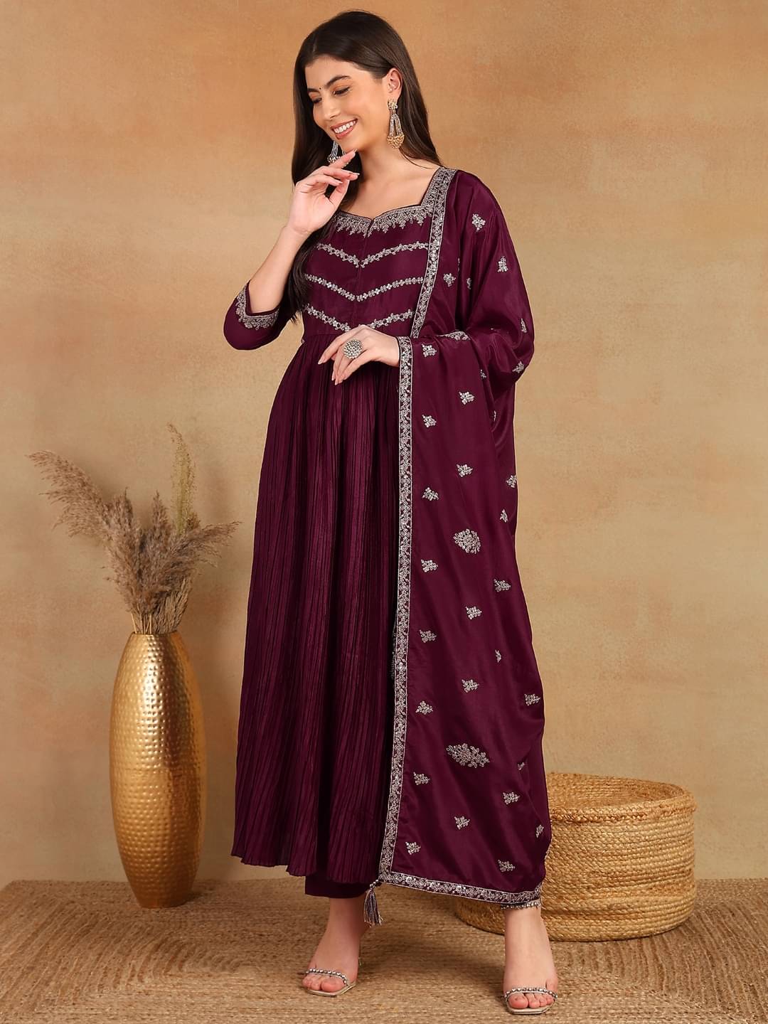     			Vaamsi Silk Blend Embellished Kurti With Pants Women's Stitched Salwar Suit - Purple ( Pack of 1 )