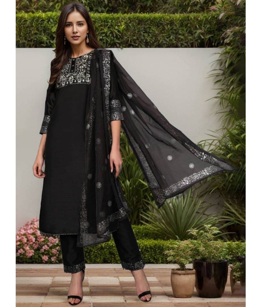     			Vaamsi Silk Blend Embroidered Kurti With Pants Women's Stitched Salwar Suit - Black ( Pack of 1 )