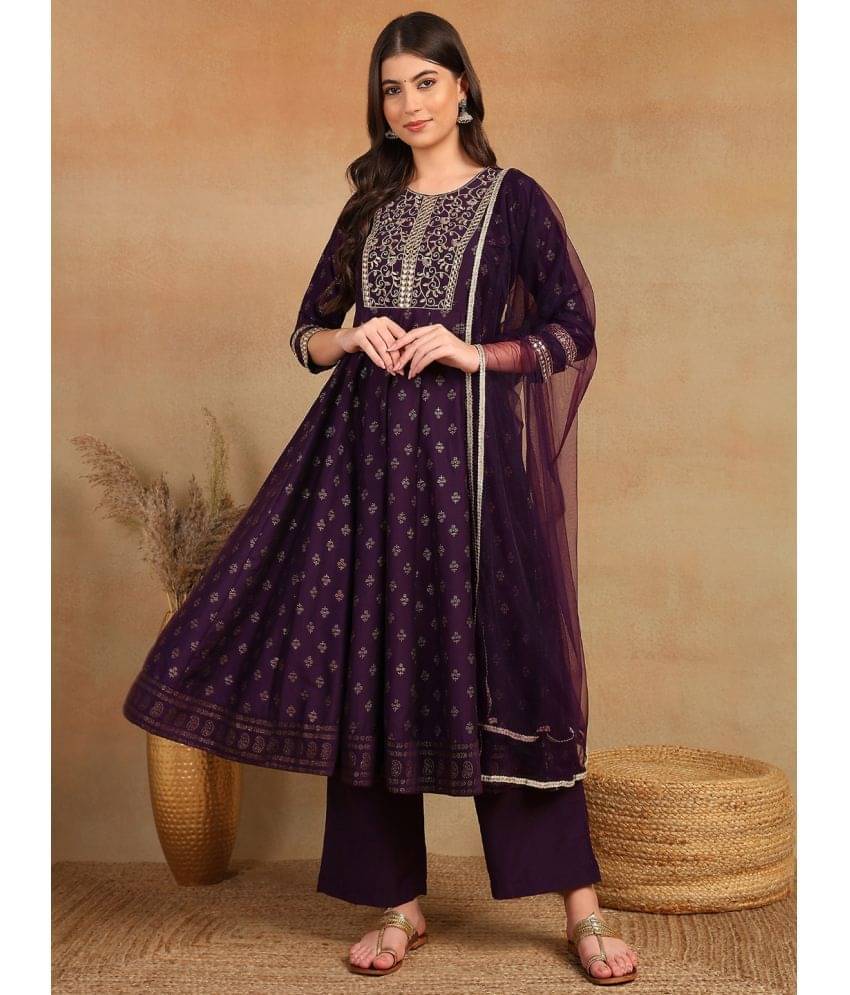     			Vaamsi Silk Blend Embroidered Kurti With Palazzo Women's Stitched Salwar Suit - Purple ( Pack of 1 )