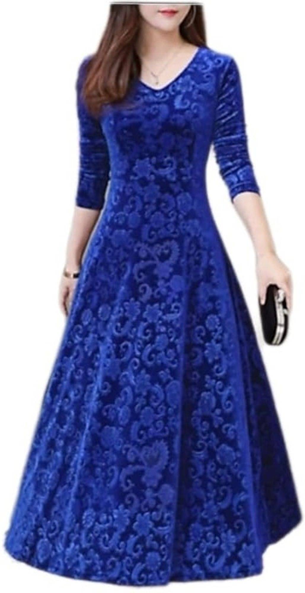 Westchic Women Velvet Printed Gown ( Blue ) Westchic Women Velvet Printed Gown ( Blue )