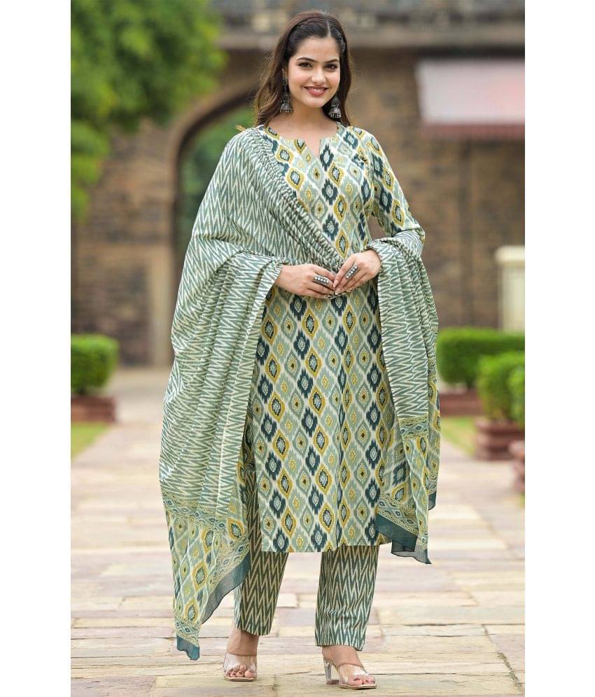     			kedar fab Cotton Blend Printed Kurti With Pants Women's Stitched Salwar Suit - Green ( Pack of 1 )