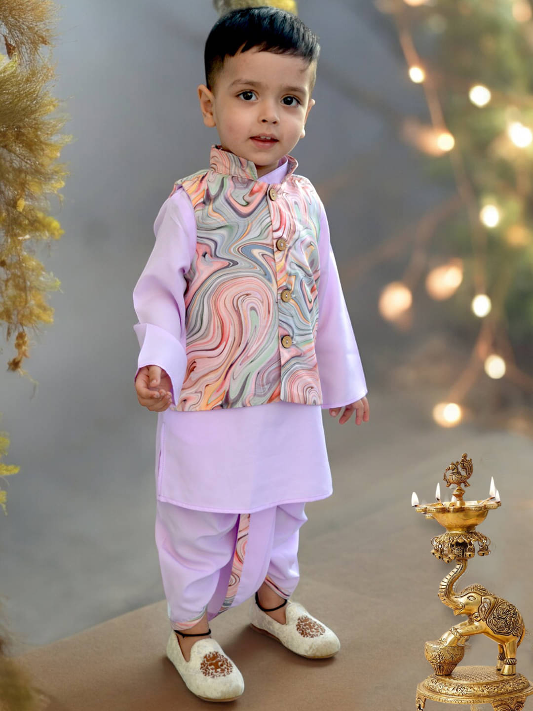     			A.T.U.N. Boys Polyester Blend Abstract - Pattern Dhoti Kurta Set ( Mauve , Pack of 1 )