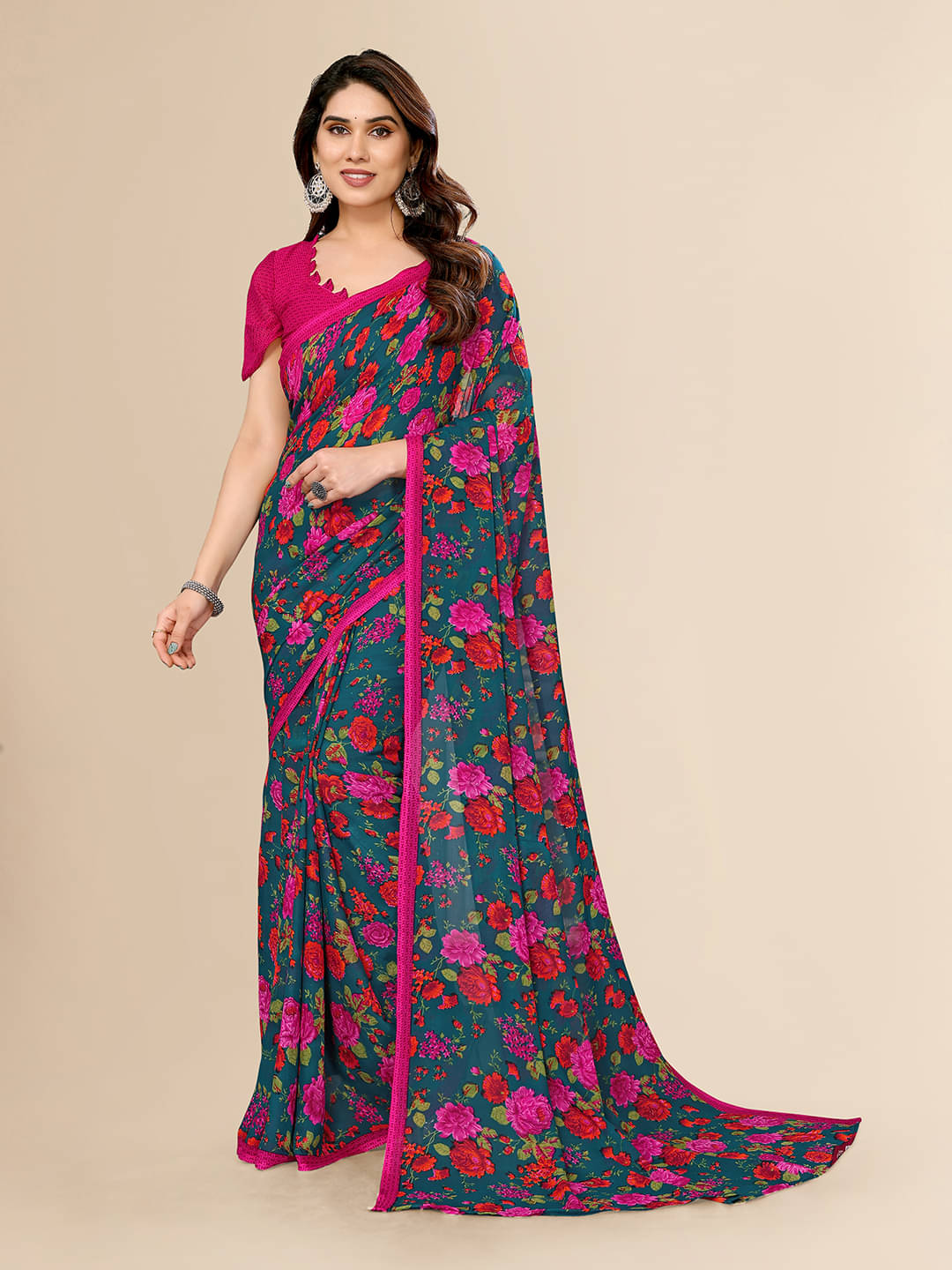 ANAND SAREES Georgette Printed Saree With Unstitched Blouse Piece ( Teal ) ANAND SAREES Georgette Printed Saree With Unstitched Blouse Piece ( Teal )
