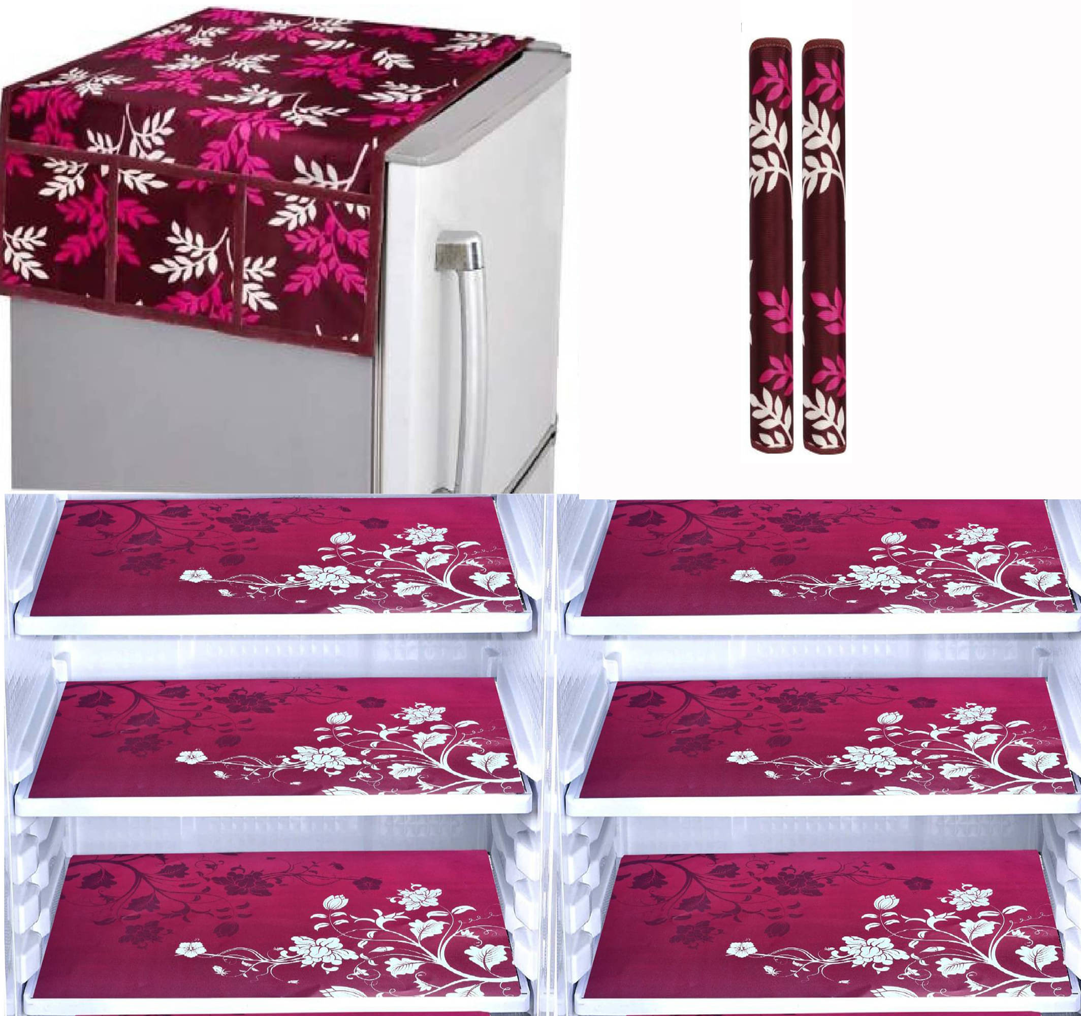     			Crosmo Polyester Floral Fridge Mat & Cover ( 99 53 ) Pack of 9 - Multicolor