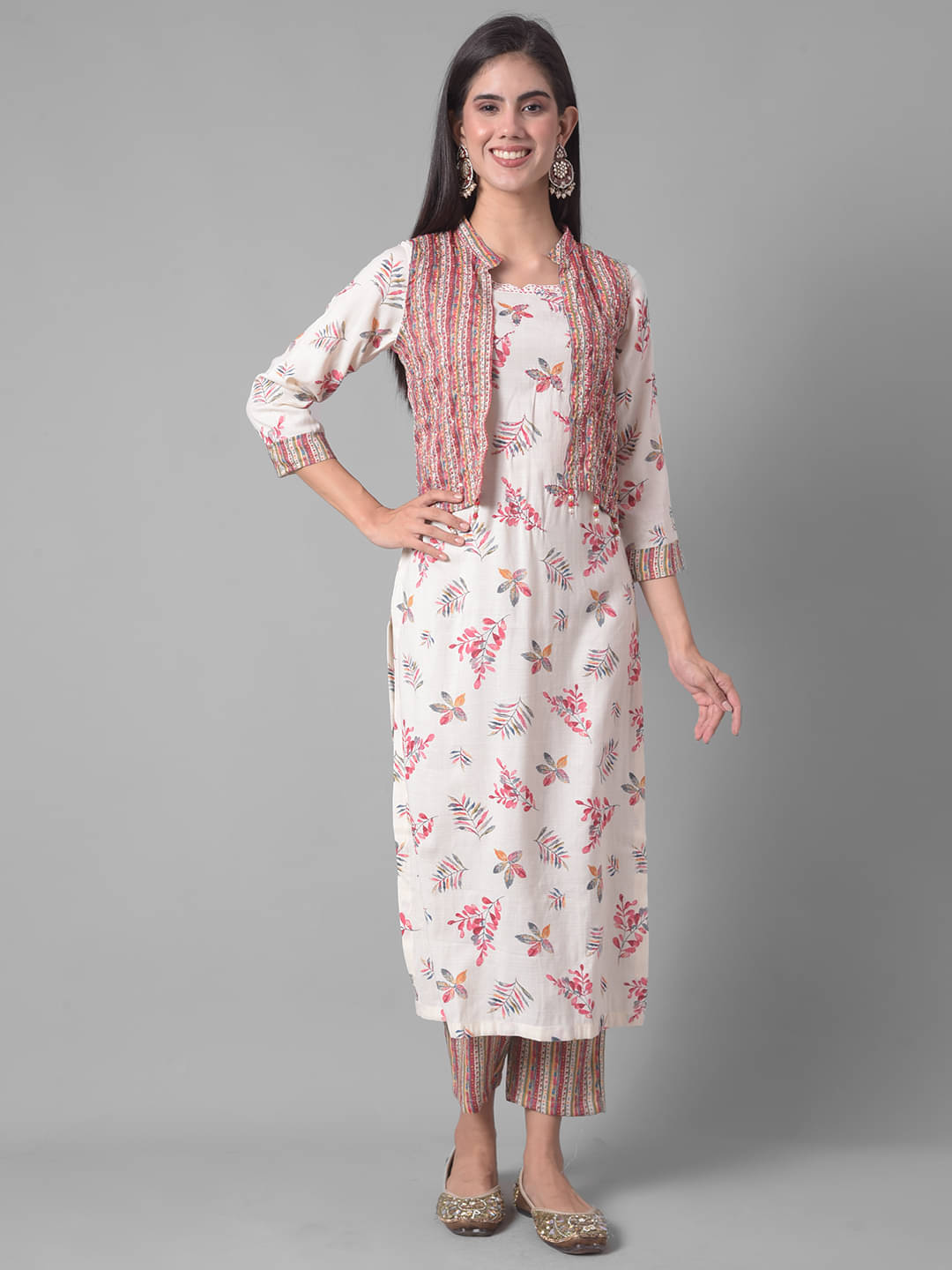     			Dollar Missy Cotton Blend Printed Kurti With Pants Women's Stitched Salwar Suit - Cream ( Pack of 1 )