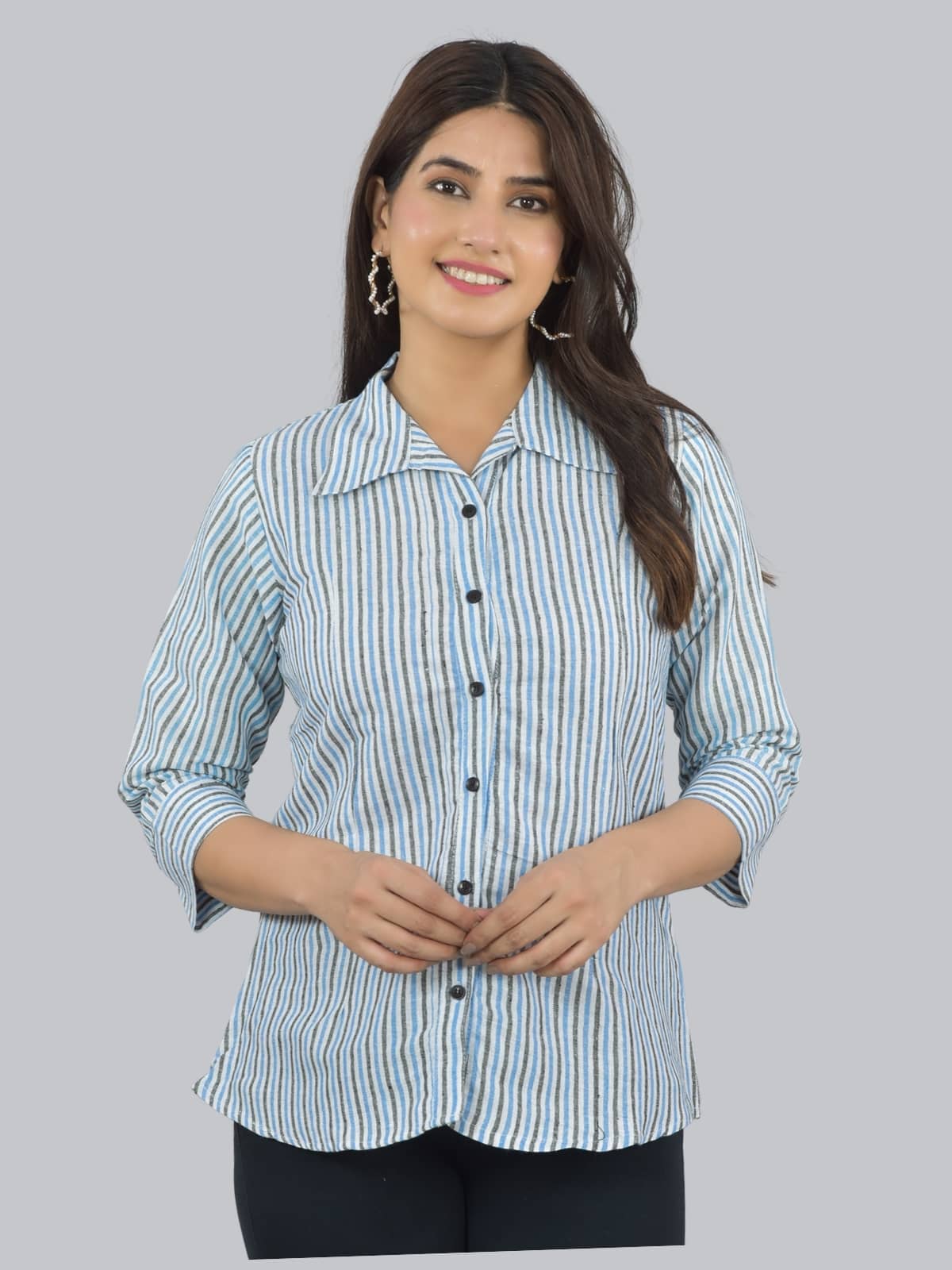 FABISHO Women Striped Linen Shirt ( Blue )