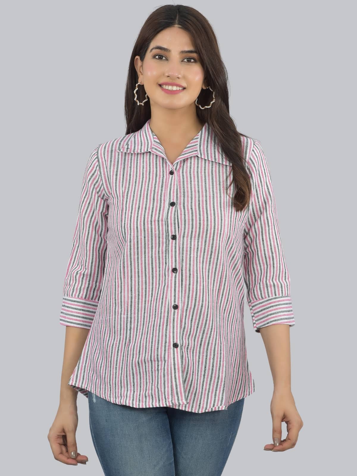 FABISHO Women Striped Linen Shirt ( Pink )