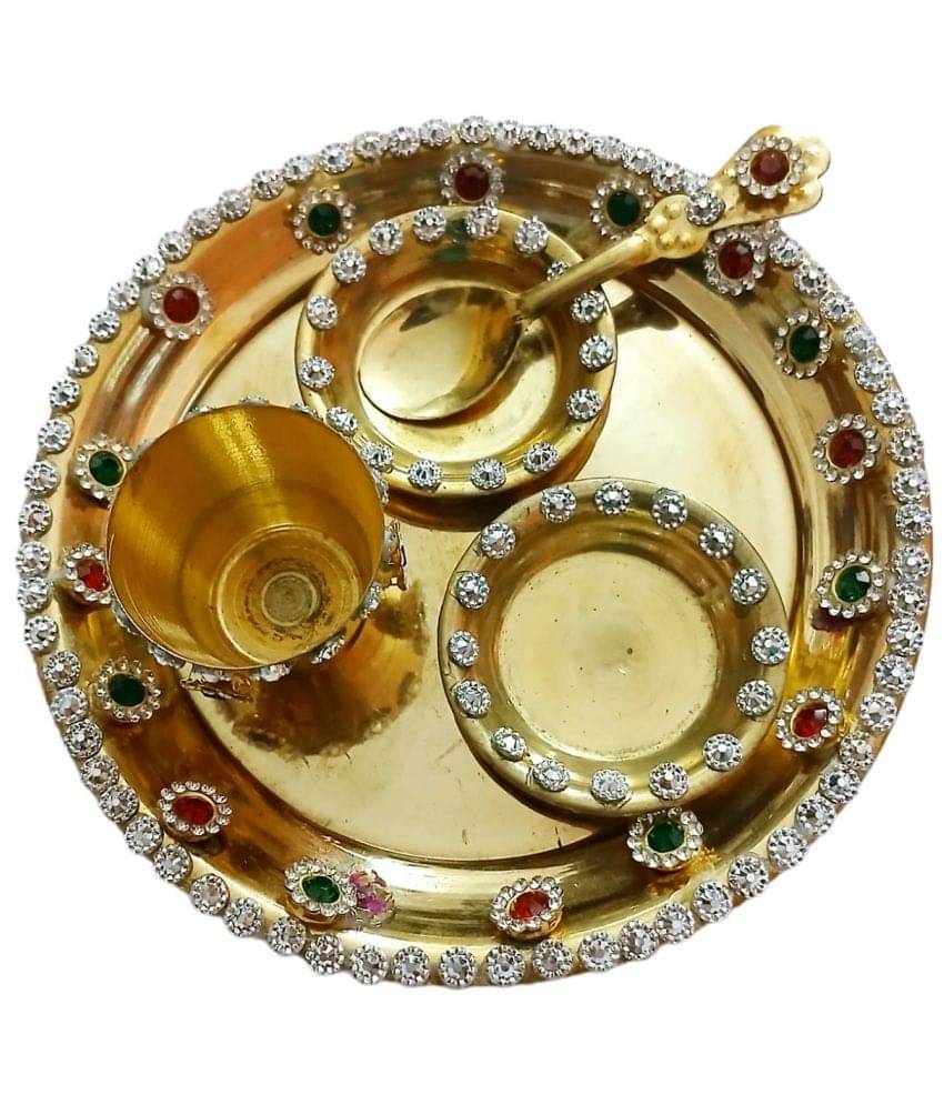    			Golden Brass Pooja Bhog Thali with 2 Bowls, 1 Spoon & 1 Glass, Home, Temple Use - Gift for Pooja Ceremonies